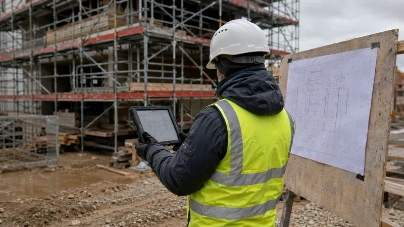 Polier mit Tablet und Papierplan auf der Baustelle