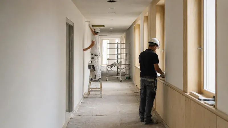 Handwerker bei der Innensanierung eines kommunalen Flurs mit Rollgerüst