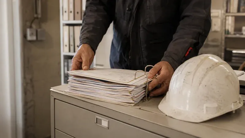 Ordner mit Eignungsnachweisen und Helm auf dem Aktenschrank