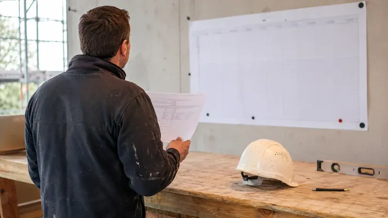 Handwerker prüft Ausschreibungsunterlagen und Kapazitätsplanung am Werktisch