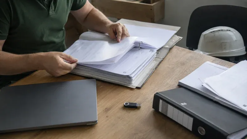 Vergabeunterlagen, Ordner und USB-Stick bereit auf dem Schreibtisch im Baubüro