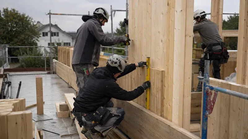 Zimmerer montieren ein einfaches Holzhybrid-Wohnhaus am Ortsrand