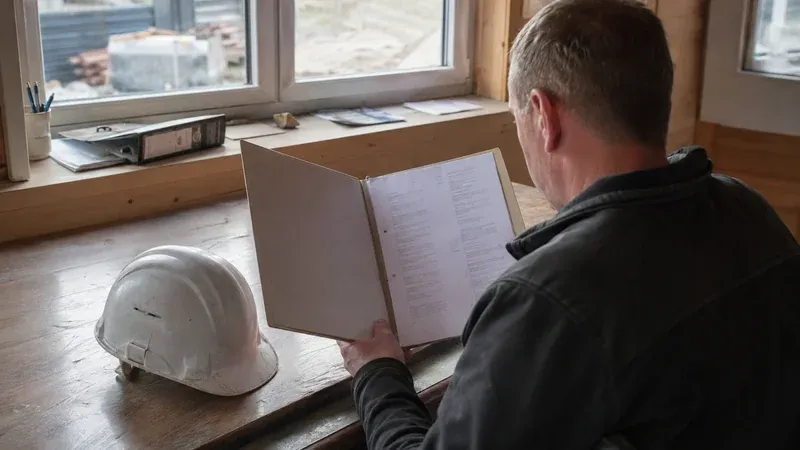 Handwerker öffnet Ordner mit ausgedruckten Ausschreibungsbekanntmachungen