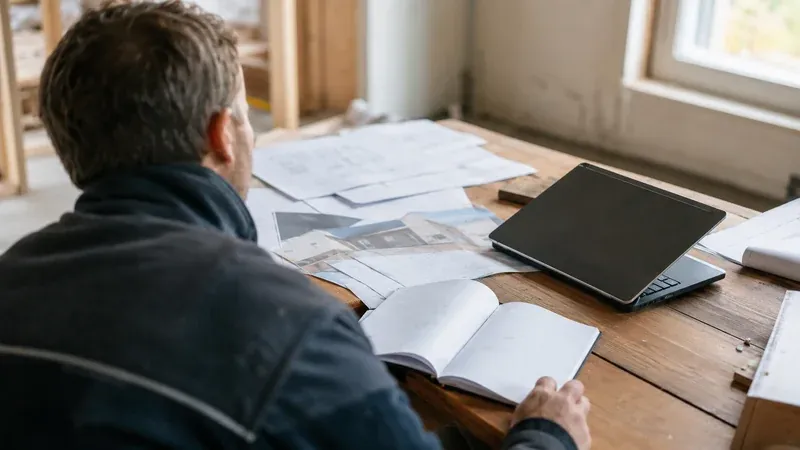 Handwerker vor einem Stapel Ausdrucke und leerem Notizbuch am Schreibtisch