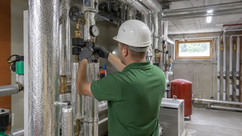 SHK-Techniker montiert gedämmte Leitungen im Technikraum eines kommunalen Gebäudes
