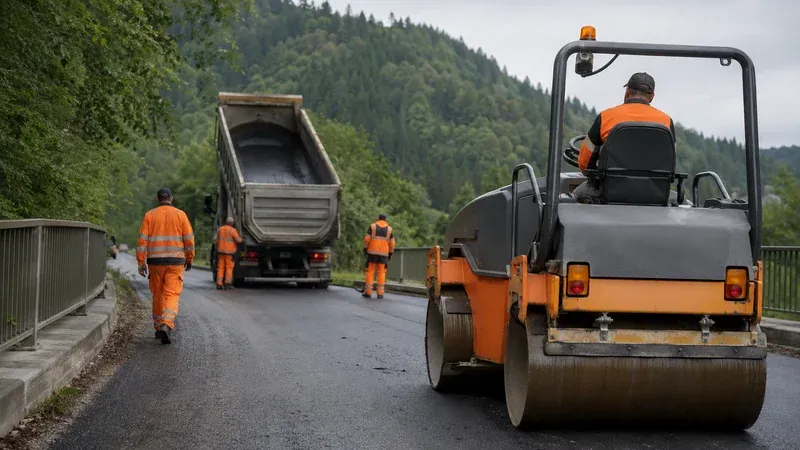 Straßenbaukolonne bei Unterhaltsarbeiten an einer Landstraße in der Oberpfalz