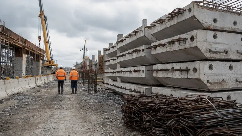 Fertigteile und Bewehrung auf einer großen Schienenbaustelle