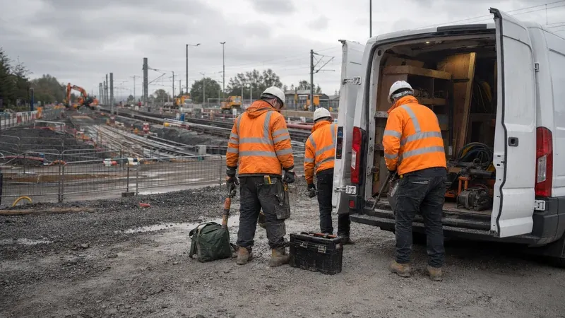 Kleines Nachunternehmer-Team räumt Werkzeug am Rand einer Großbaustelle