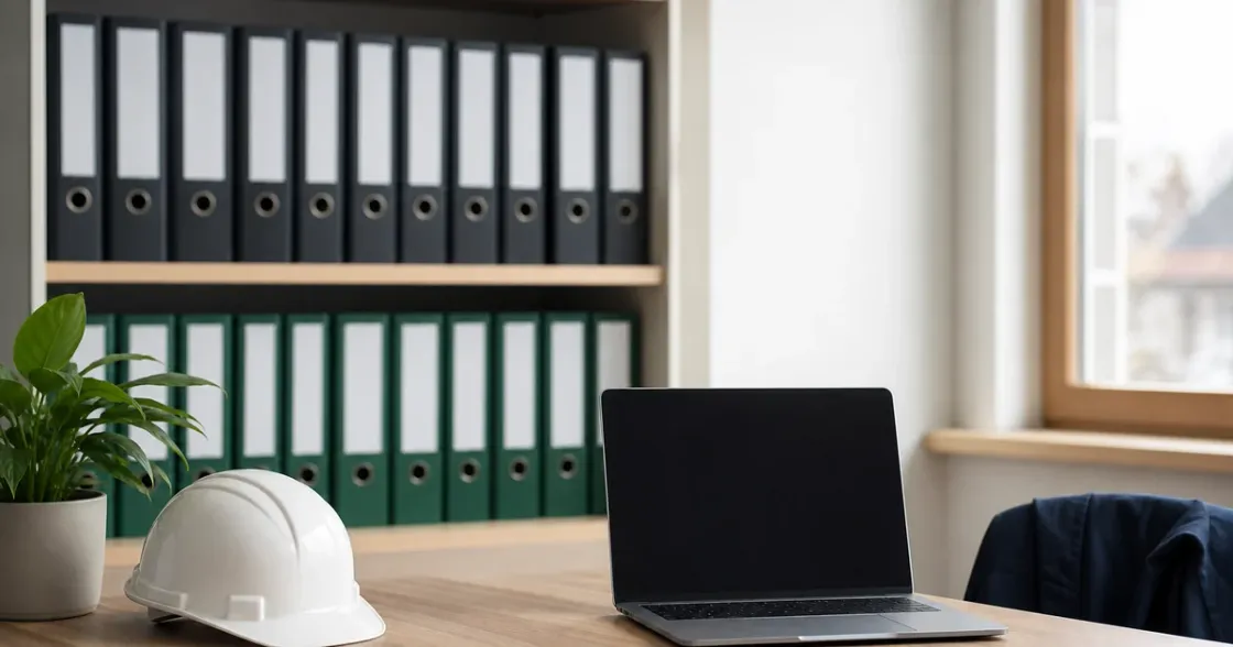Aufgeräumtes Büro eines Baubetriebs mit sortierten Unterlagen und Laptop