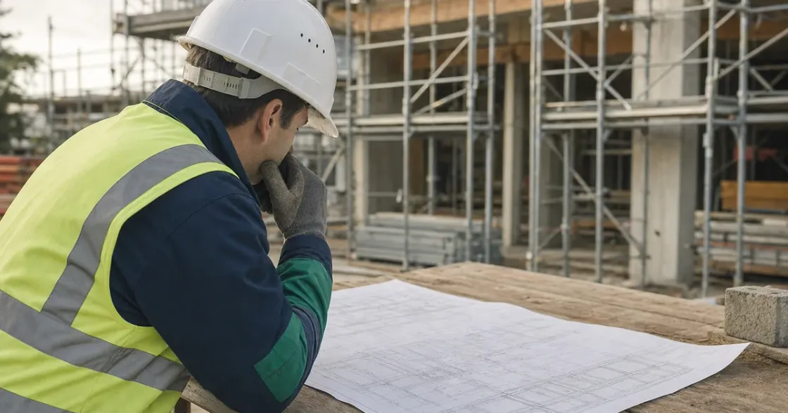 Bauunternehmer studiert auf der Baustelle einen Plan und überlegt