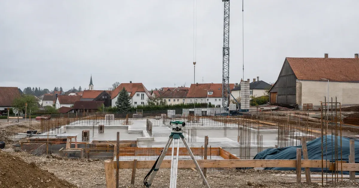 Baustelle im Rohbau mit Kran und Vermessungsgerät in einer bayerischen Kleinstadt