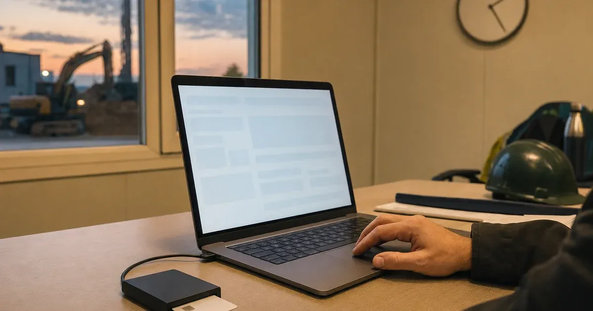 Angebotsabgabe am Laptop im Baubüro kurz vor Fristende