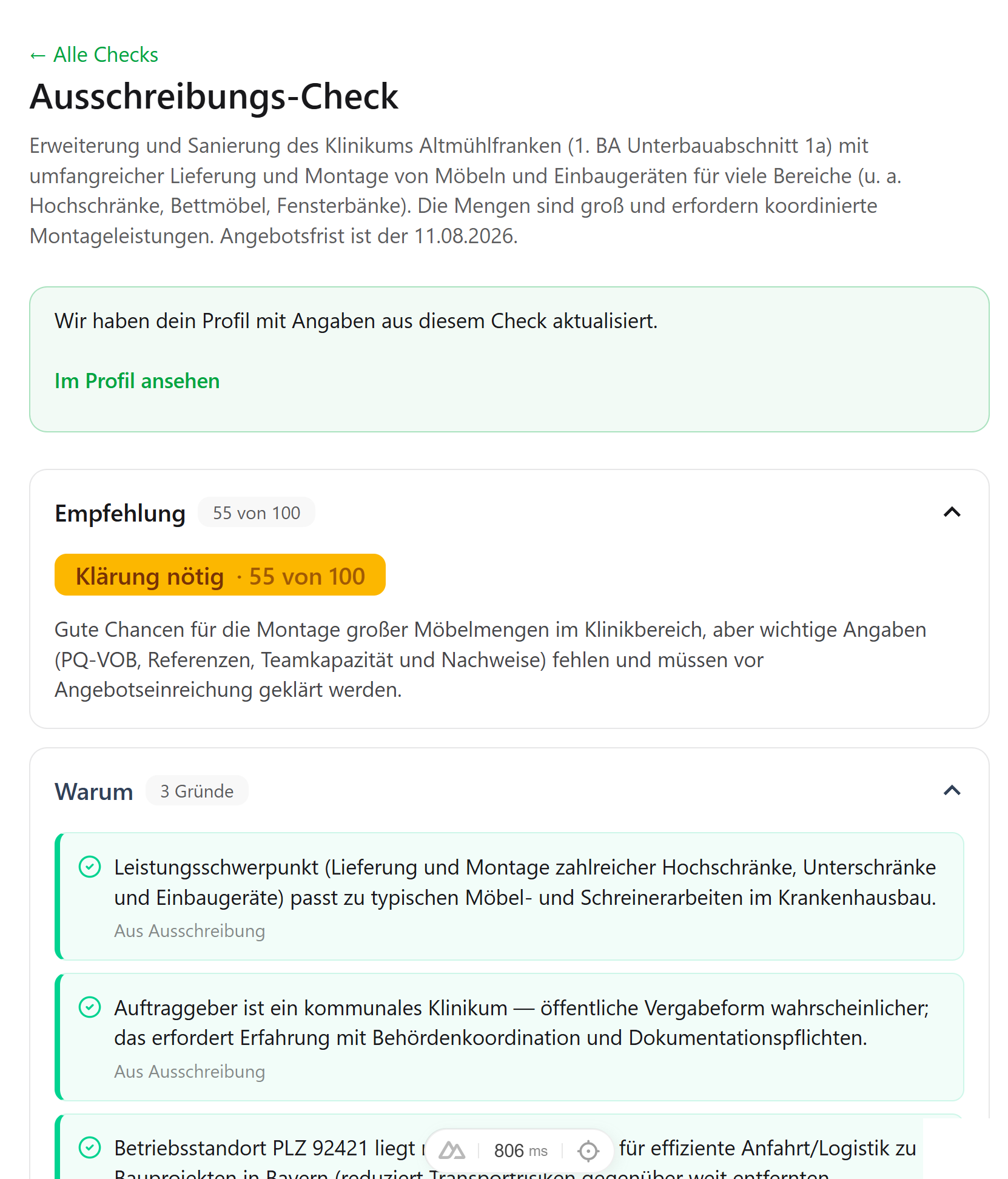 Beispiel: Ausschreibungs-Check mit Empfehlung und Begründung