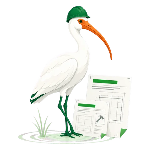 Stilisierte Ibis-Illustration — ruhig am Wasser, Brandakzent für Alle Gewerke