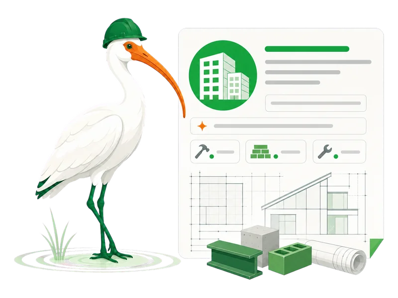 Ibis-Illustration: KI-gestütztes Betriebsprofil mit Gewerke-Tags und vorausgefüllten Feldern